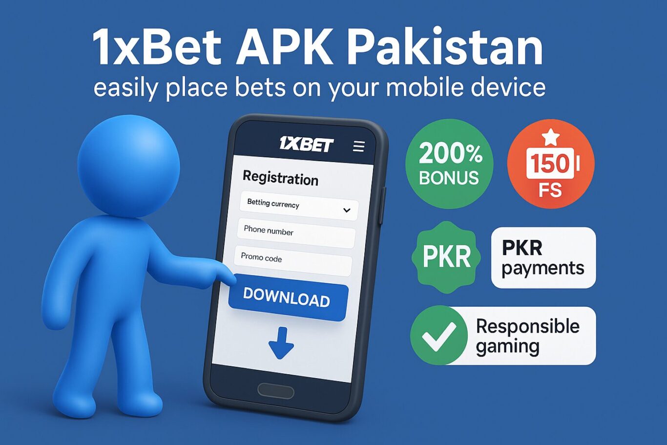 Animated character tapping Download on 1xBet APK screen with registration form and bonus icons