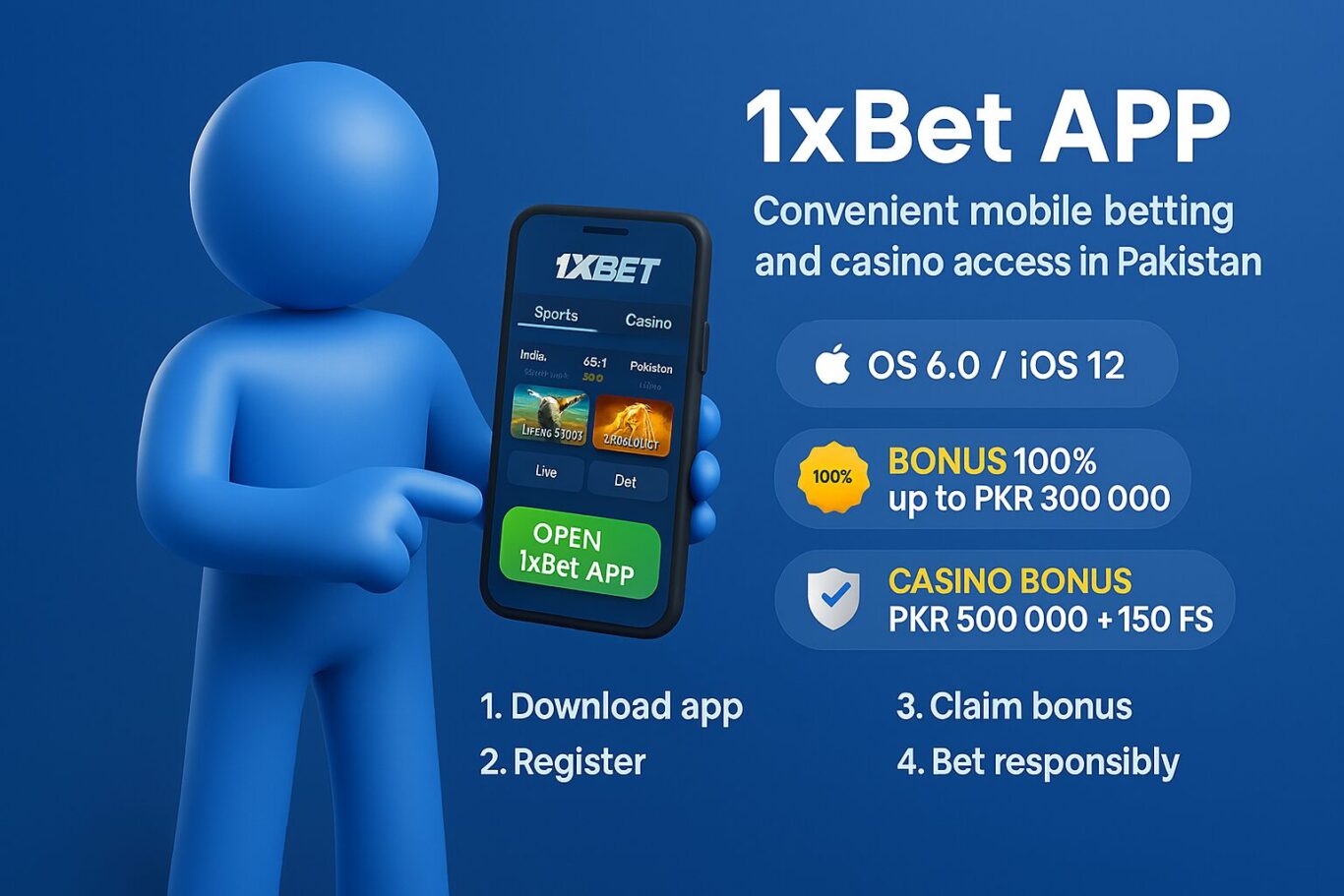 Animated character tapping “Open 1xBet APP” on smartphone with sports odds, slot previews and bonus icons