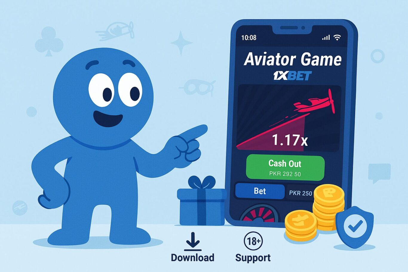 Visual of animated character using Aviator Game 1xBet interface with bet field, cashout button and APK download icon