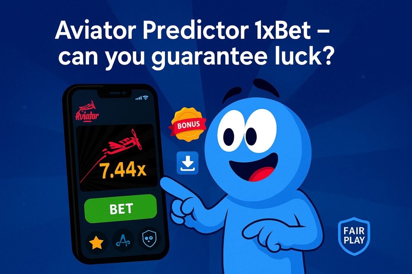 Blue character using Aviator game screen with multiplier curve, predictor panel and cashout button