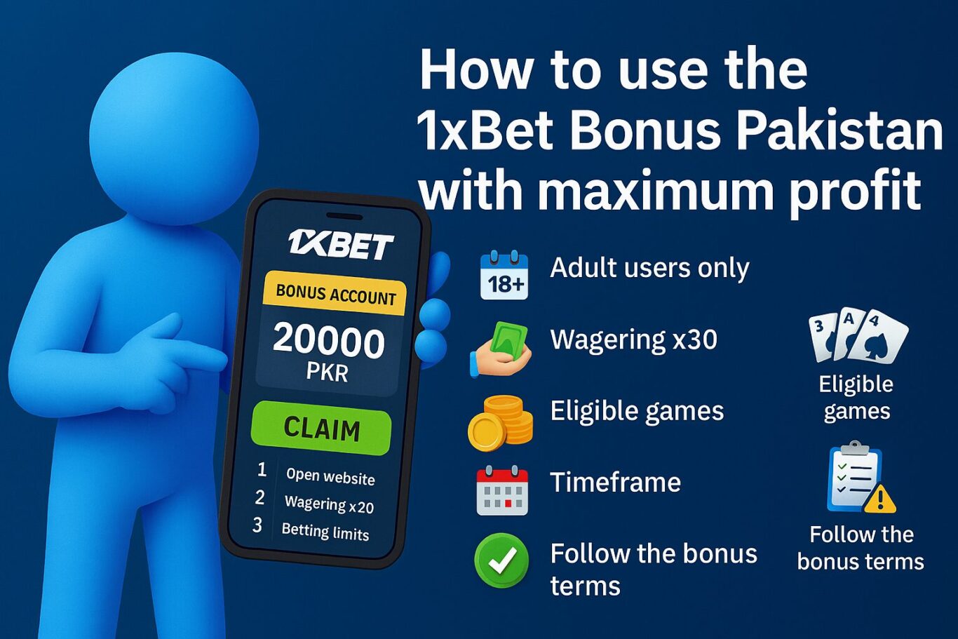 Animated character claiming 1xBet Bonus on smartphone with wagering rules, time limits and PKR icons