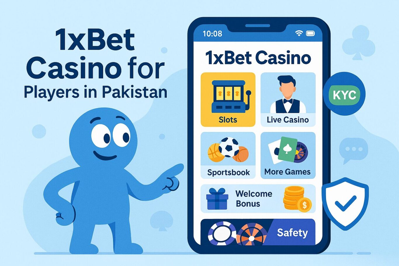 Visual of animated character interacting with 1xBet Casino interface showing slots, live games and safety icons