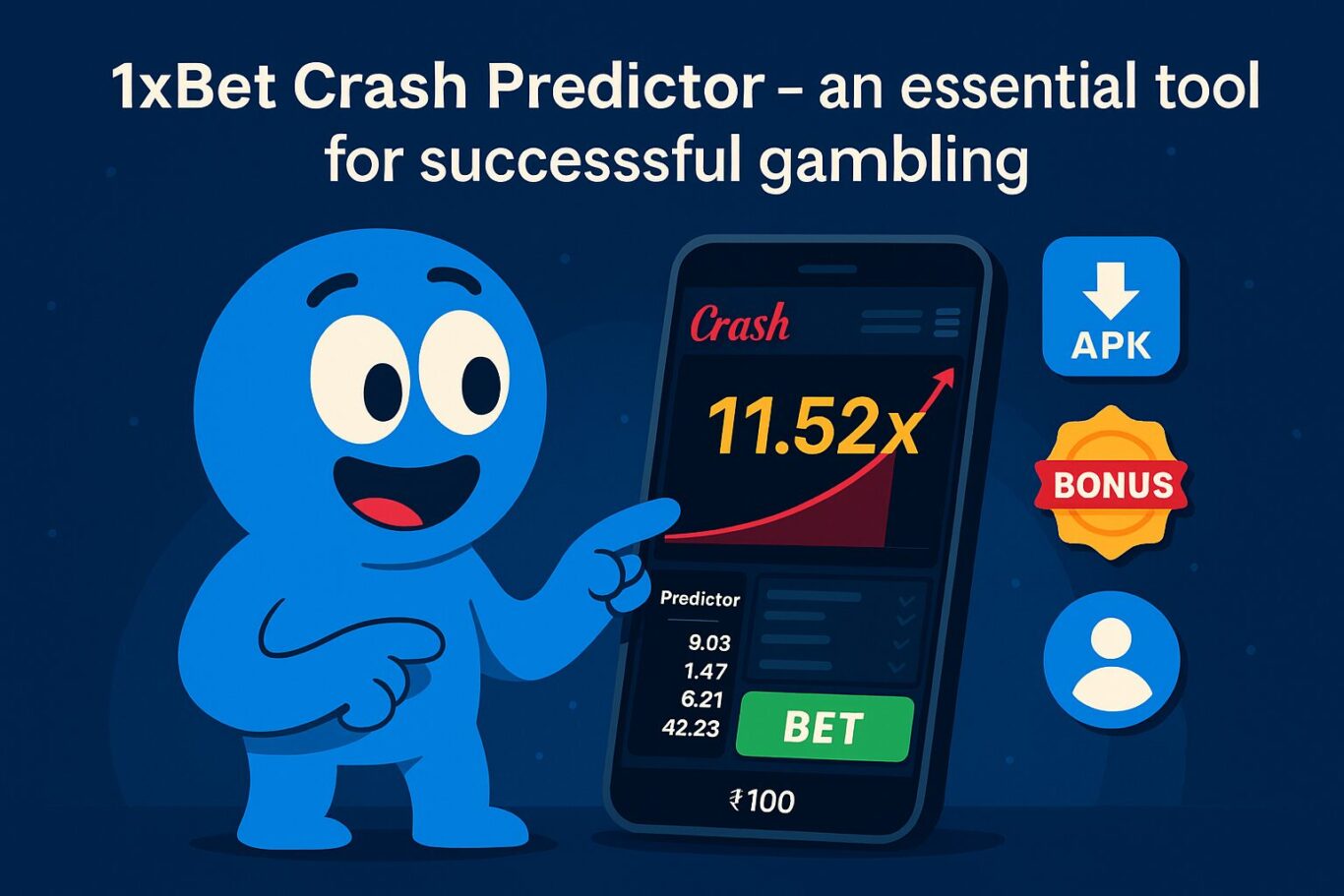 Visual of animated character interacting with 1xBet Crash interface showing odds history, bet field and bonus badge