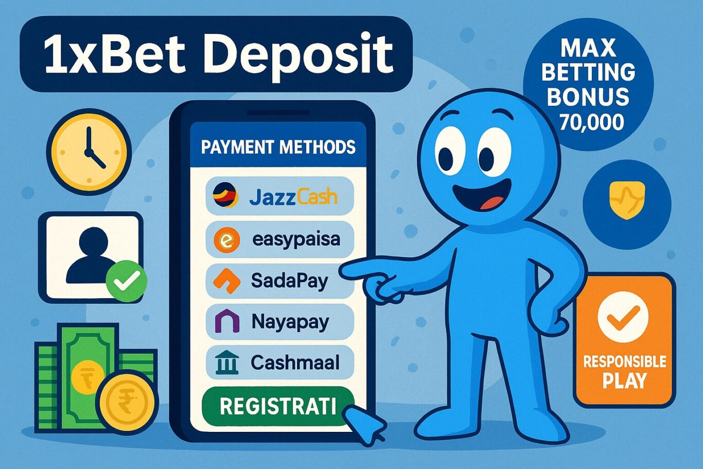 Visual of animated character using 1xBet Deposit screen with payment logos, deposit limits and responsible play icon