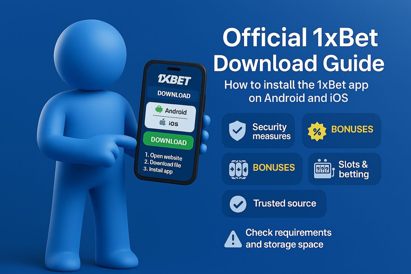 Animated character downloading 1xBet app with system requirements, bonus icons and security checklist