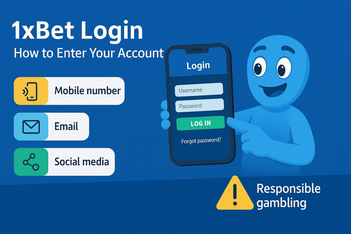 Blue character using 1xBet Login screen with username, password, login button and responsible gambling icon