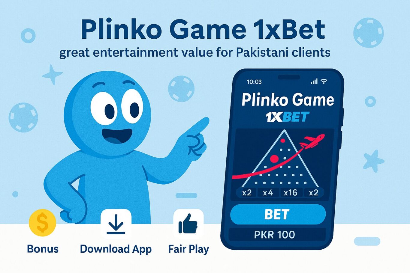 Visual of animated character interacting with 1xBet Plinko interface showing peg grid, bet button and bonus icon