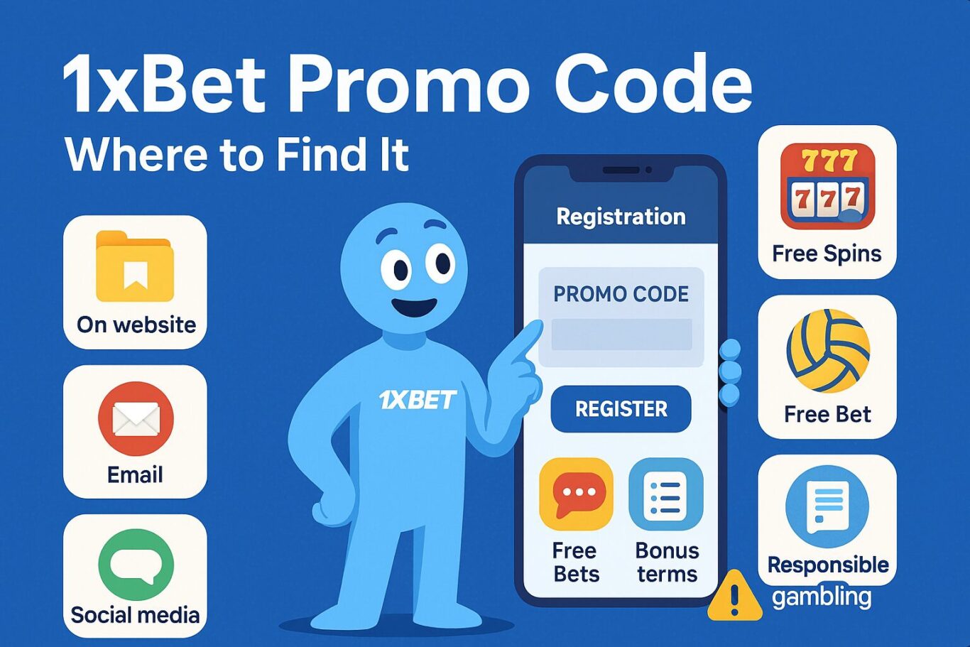 Illustration of 1xBet Promo Code entry screen with animated character, registration button and bonus activation checklist