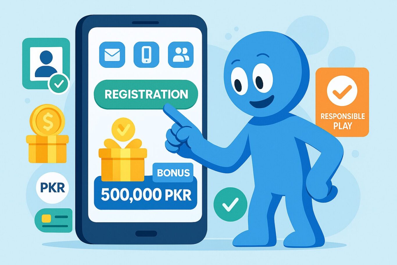 Visual of animated character using 1xBet Registration form with bonus icons, PKR payment logos and responsible play badge