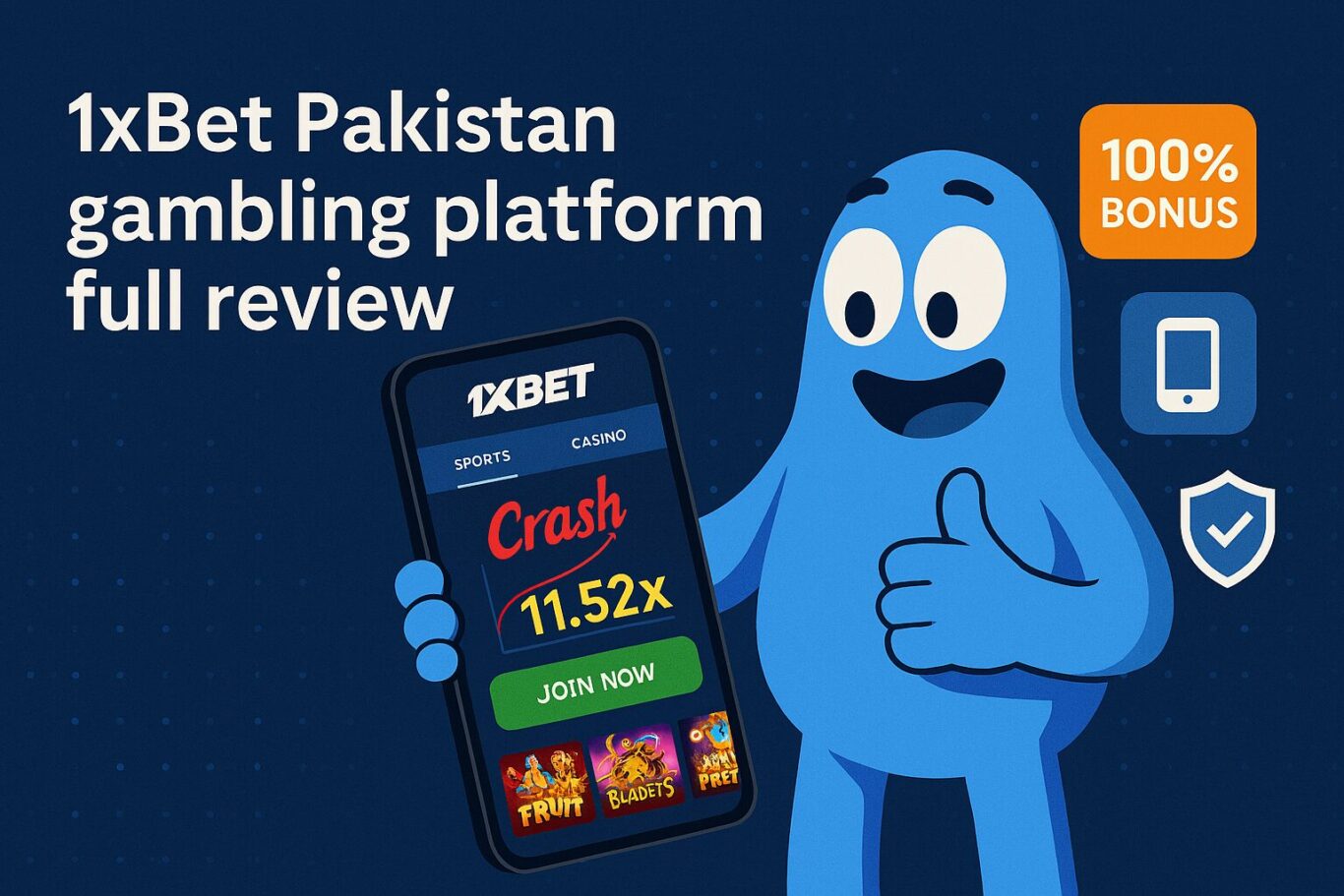 Visual of animated character interacting with 1xBet Pakistan platform showing sports, casino and join now button