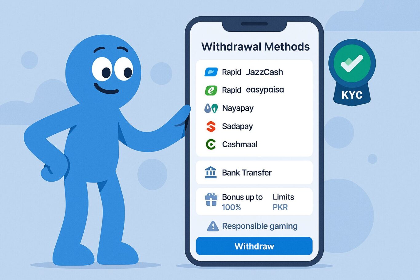 Visual of animated character using 1xBet Withdrawal screen with payment logos, limits and responsible play icon